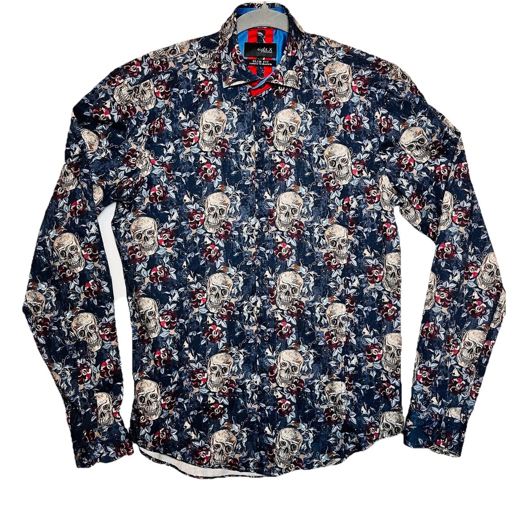 Eight X Shirt Mens Navy Skulls Floral‎ Print  Small Slim Fit Long Sleeve